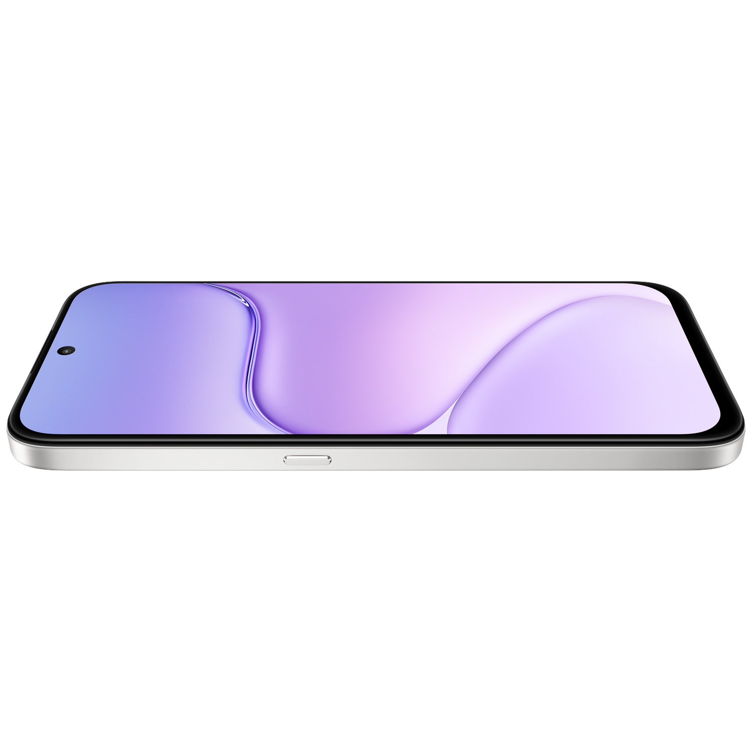 Een zilveren smartphone ligt horizontaal tegen een zwarte achtergrond met een lichtpaars abstract scherm.