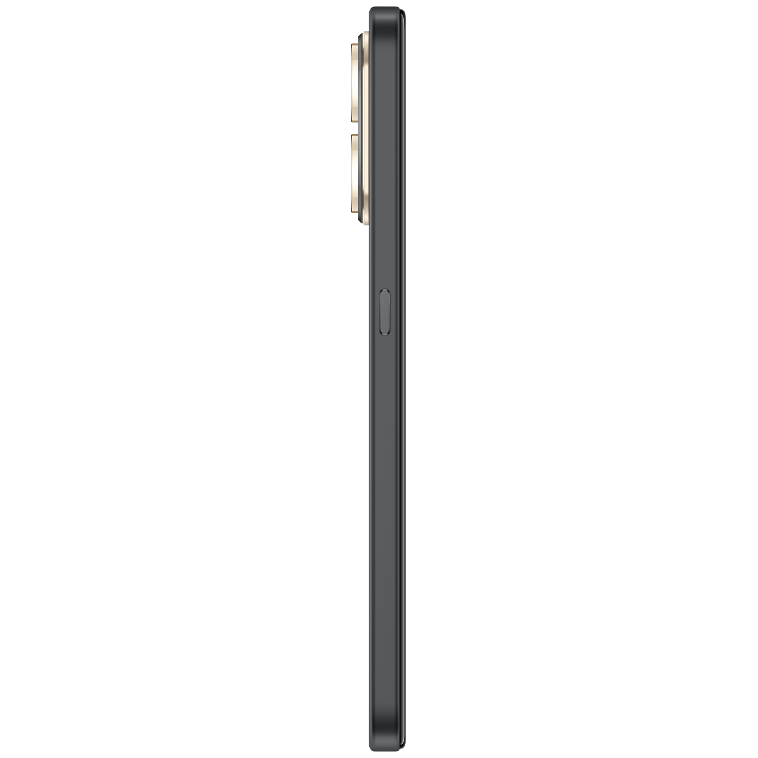 Side view of a slim black smartphone featuring two gold camera lenses and a power button, isolated on a black background.