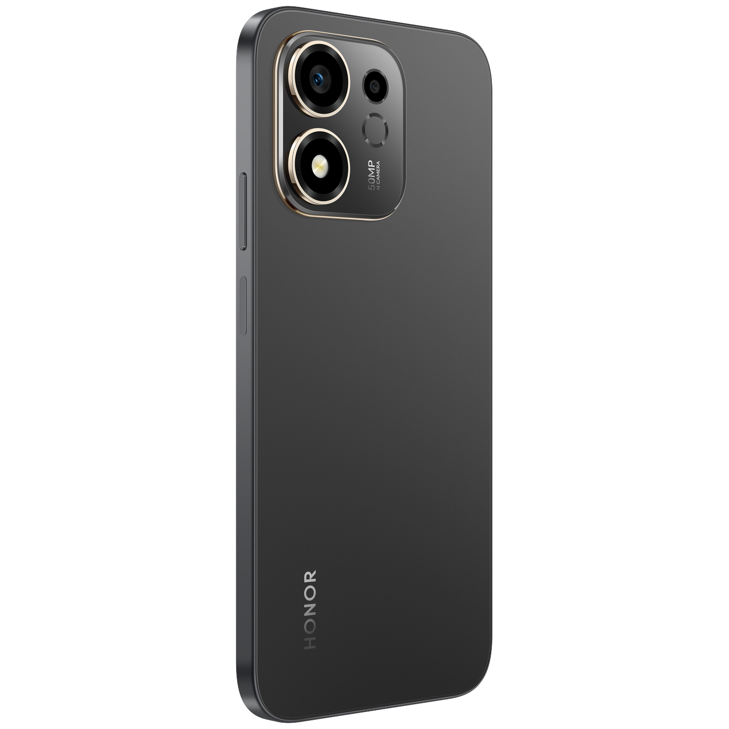 Back of a gray smartphone featuring a dual camera module and the Honor logo on a black background.