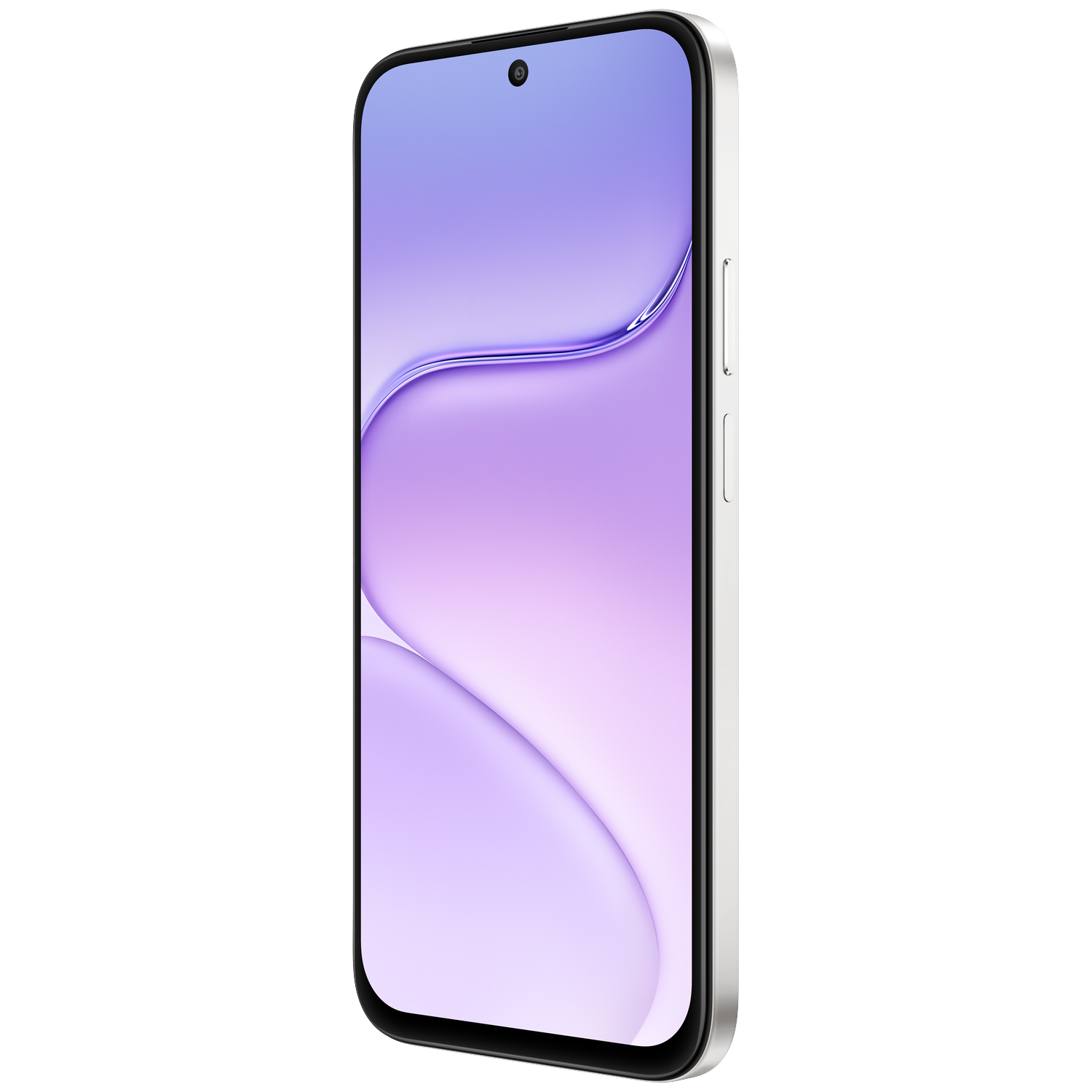 Een witte smartphone in perspectief toont een display met vloeiende paarse en blauwe kleurverlopen.