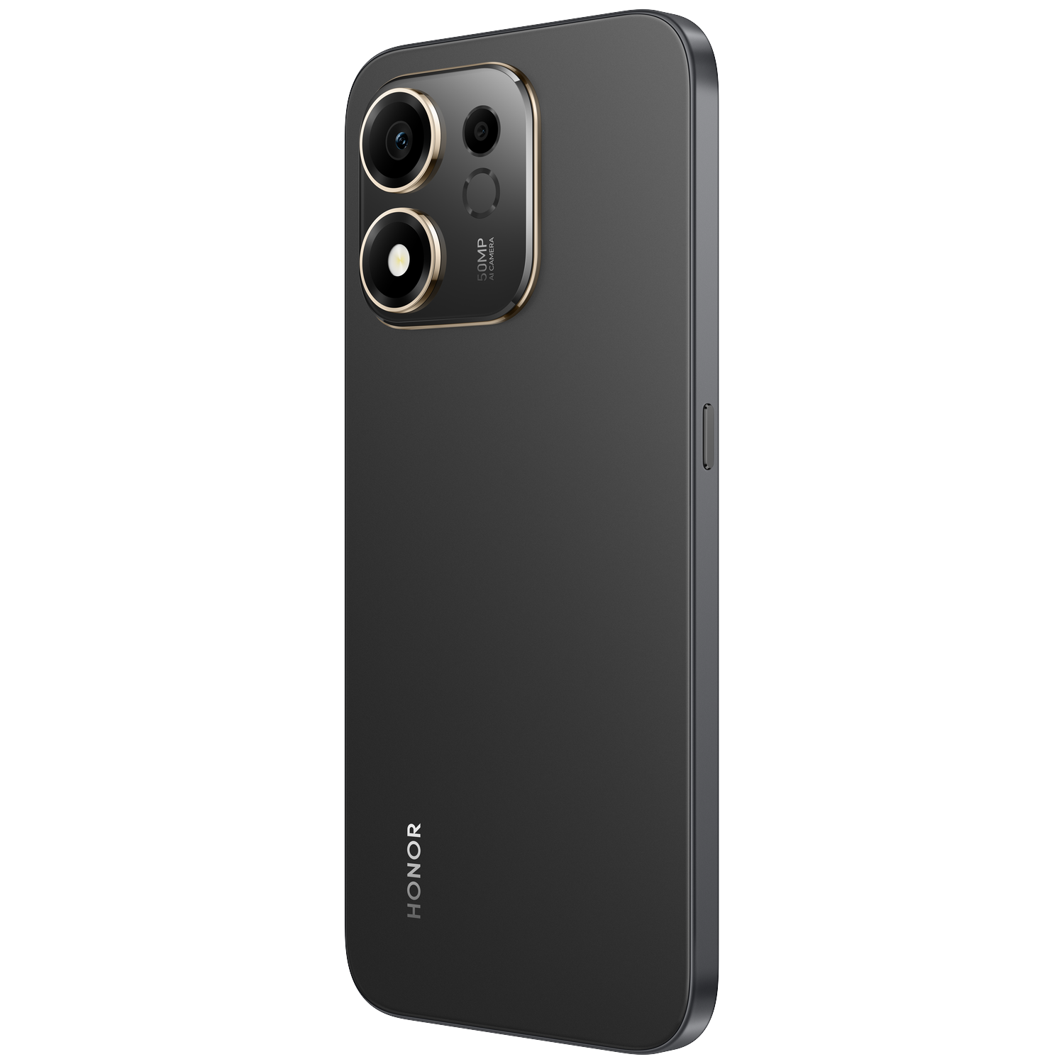 A black Honor smartphone is displayed from the back against a black background, showing its dual camera module.