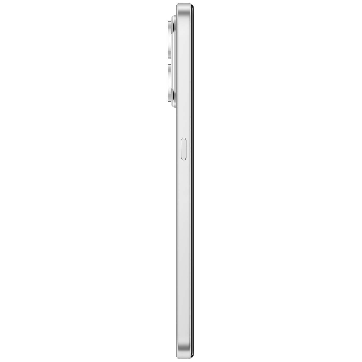 Een zilveren smartphone in profiel op een zwarte achtergrond, met de nadruk op knoppen en cameramodule.
