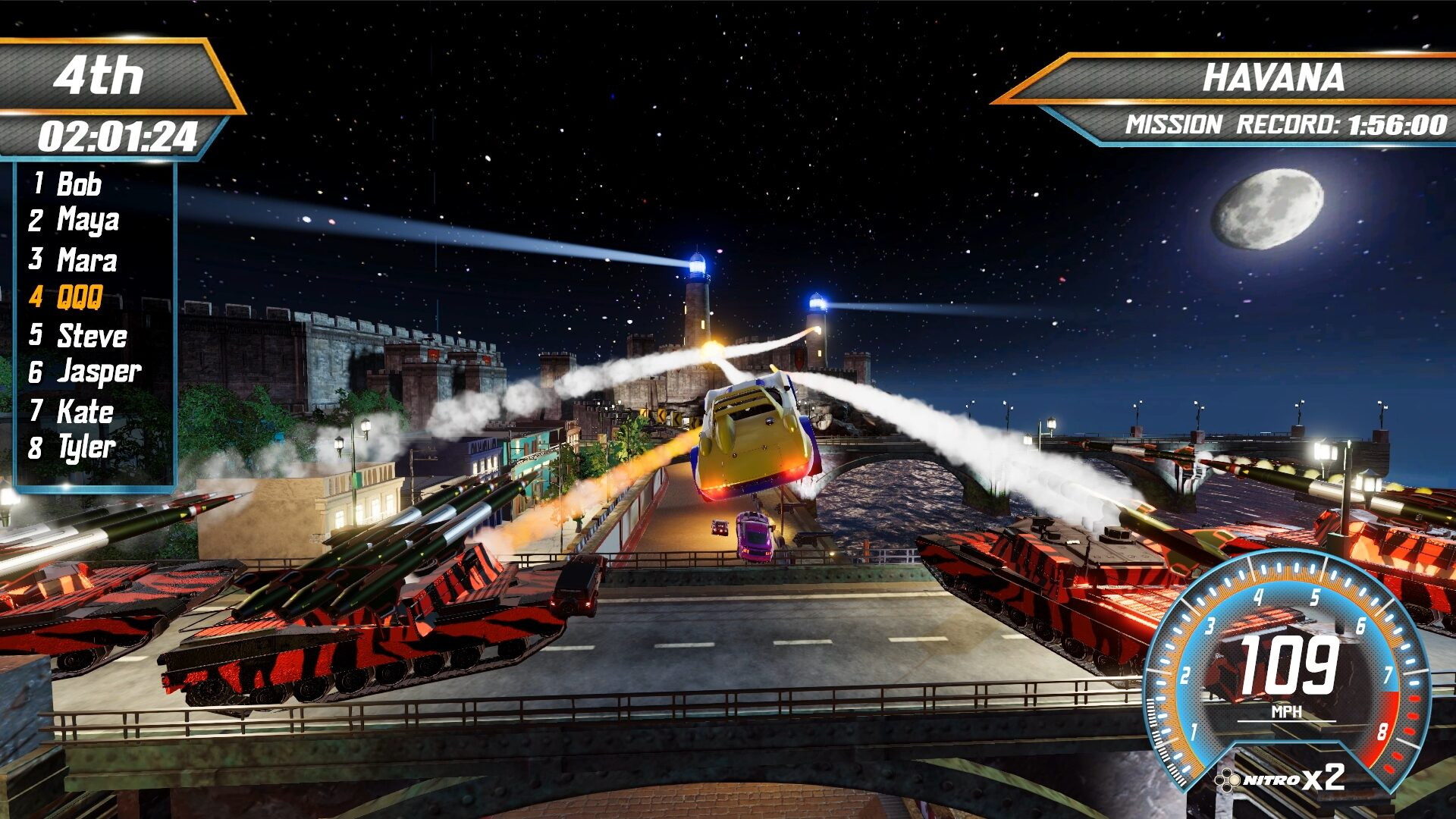 Ein Videospiel-Screenshot zeigt ein Auto, das über eine nächtliche Brücke fliegt, umgeben von roten Panzern und Raketen.