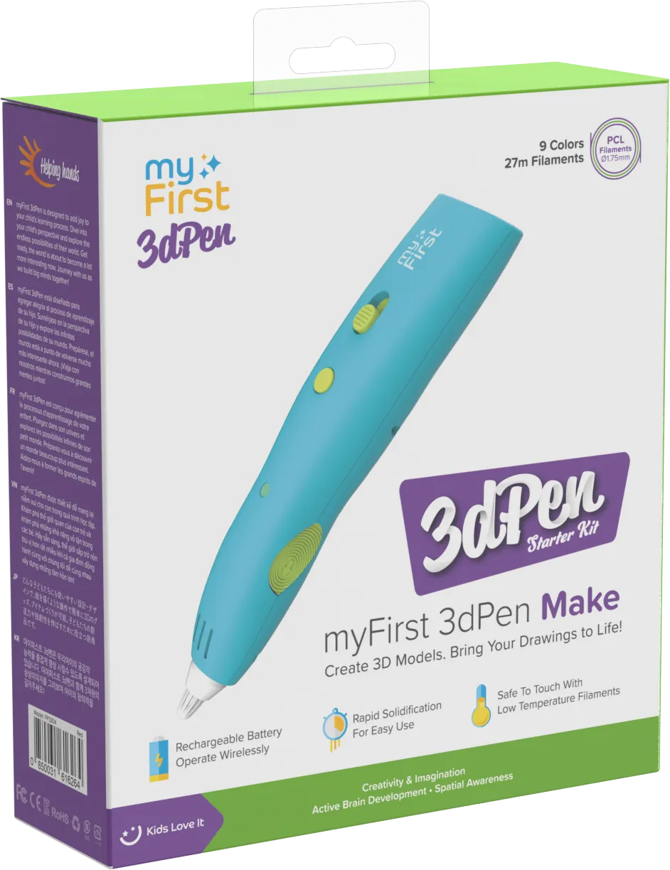 Verpackung eines hellblauen myFirst 3dPen Starter-Kits mit Produktinformationen und grünen Akzenten.