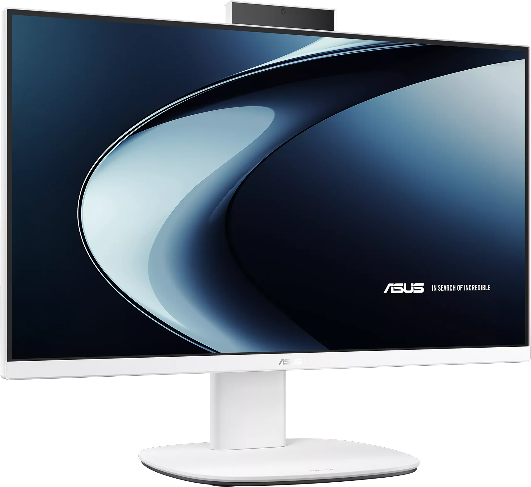 Egy fehér ASUS monitor tetején webkamerával, absztrakt kék és fehér örvénymintát mutat a képernyőn.