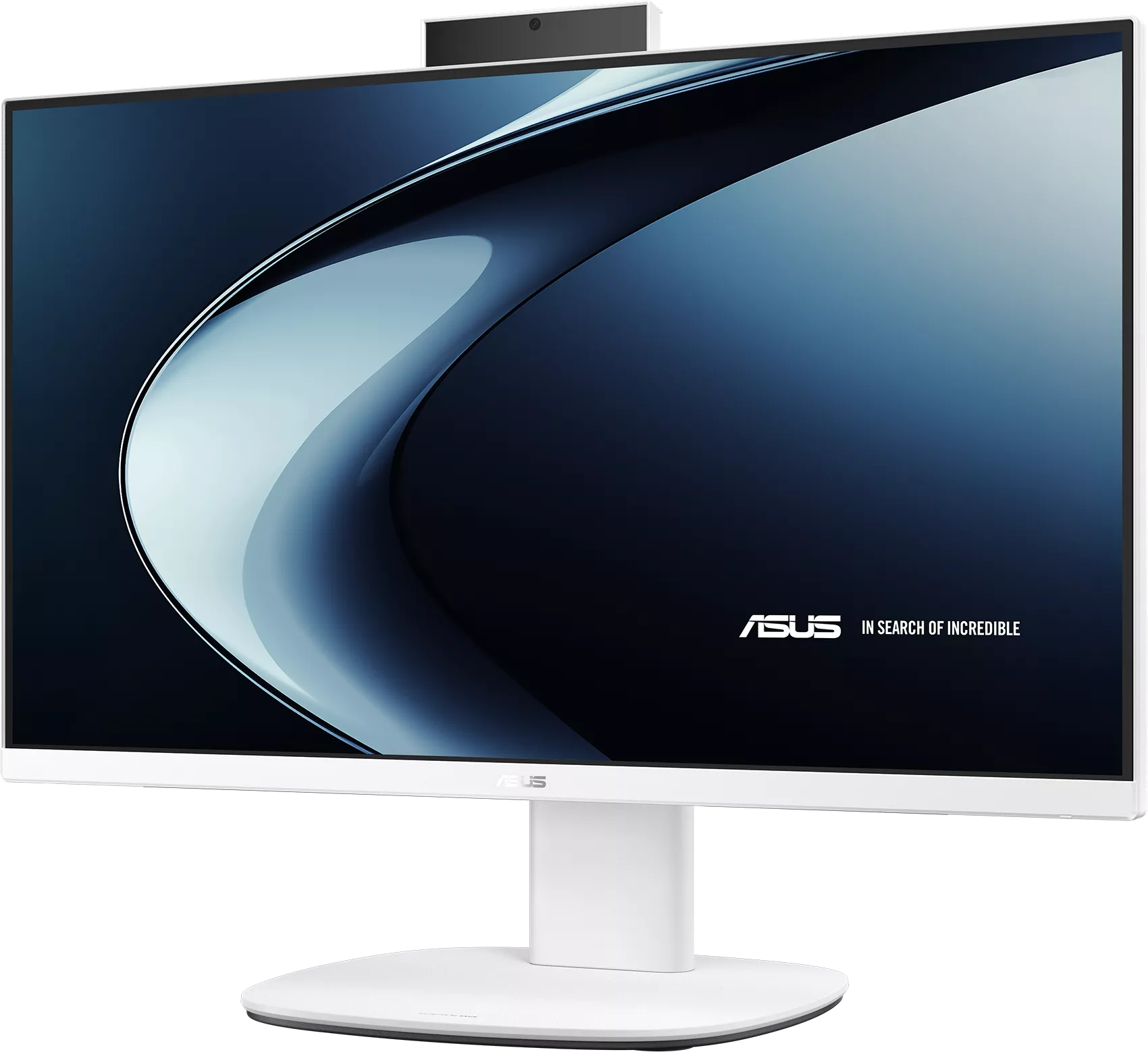 Egy fehér ASUS monitor kék absztrakt háttérképpel és felülre szerelt webkamerával, fekete háttér előtt.