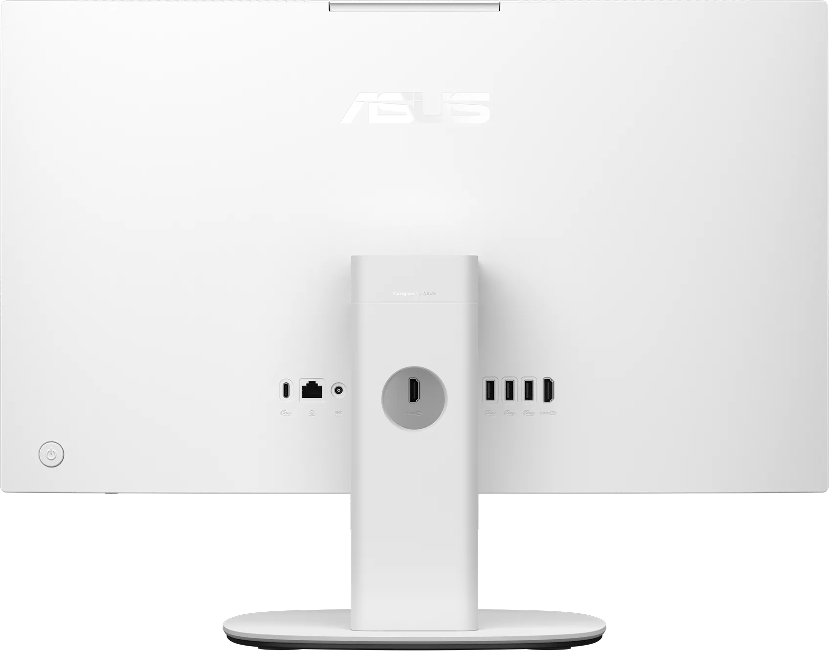 Egy fehér ASUS monitor hátoldala különféle portokkal, állvánnyal és a márka logójával.