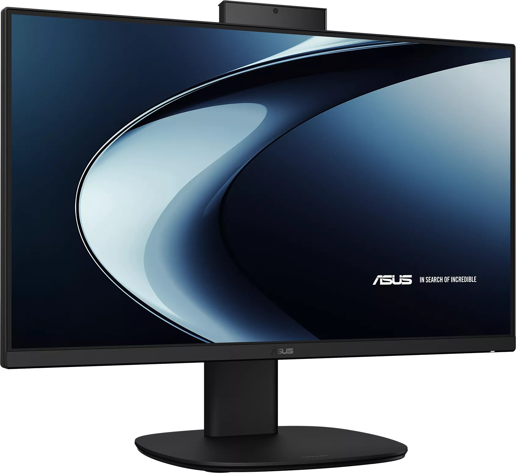 Egy ASUS monitor kék absztrakt háttérképpel és webkamerával.
