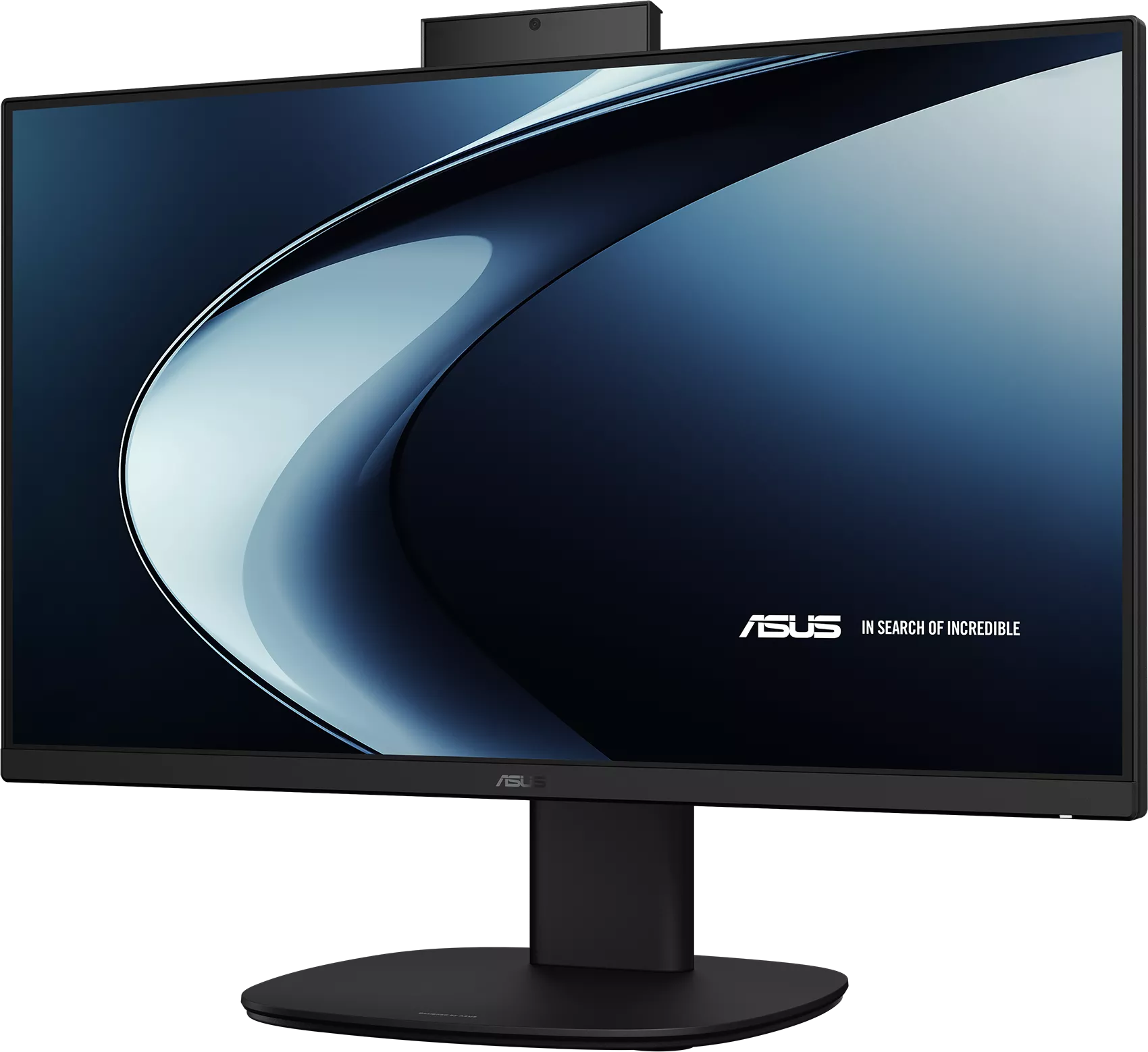 Egy ASUS monitor fekete kávával és állvánnyal absztrakt kék dizájnt és logót mutat.