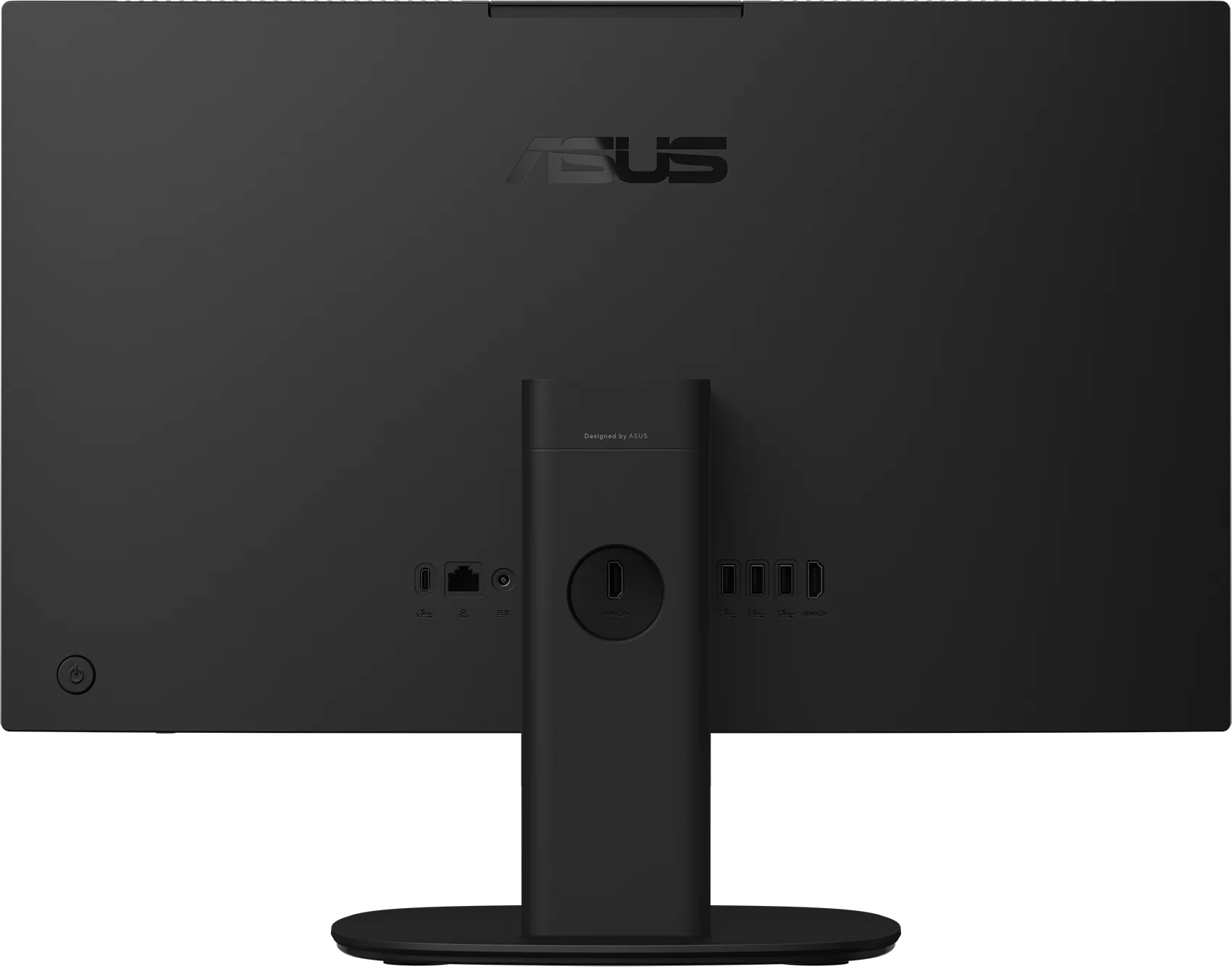 Fekete ASUS monitor hátulja állvánnyal és különféle csatlakozókkal.
