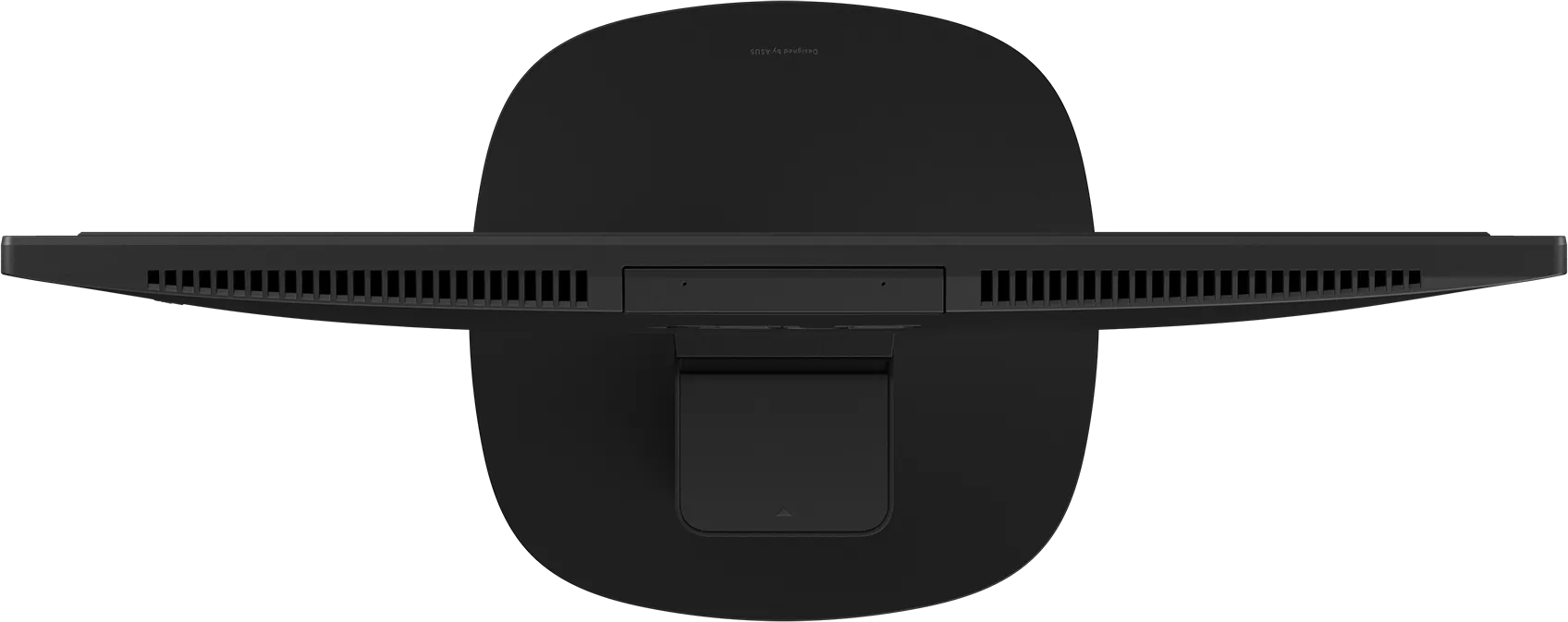 Fekete Asus monitor hátulnézete állvánnyal, fekete háttér előtt.