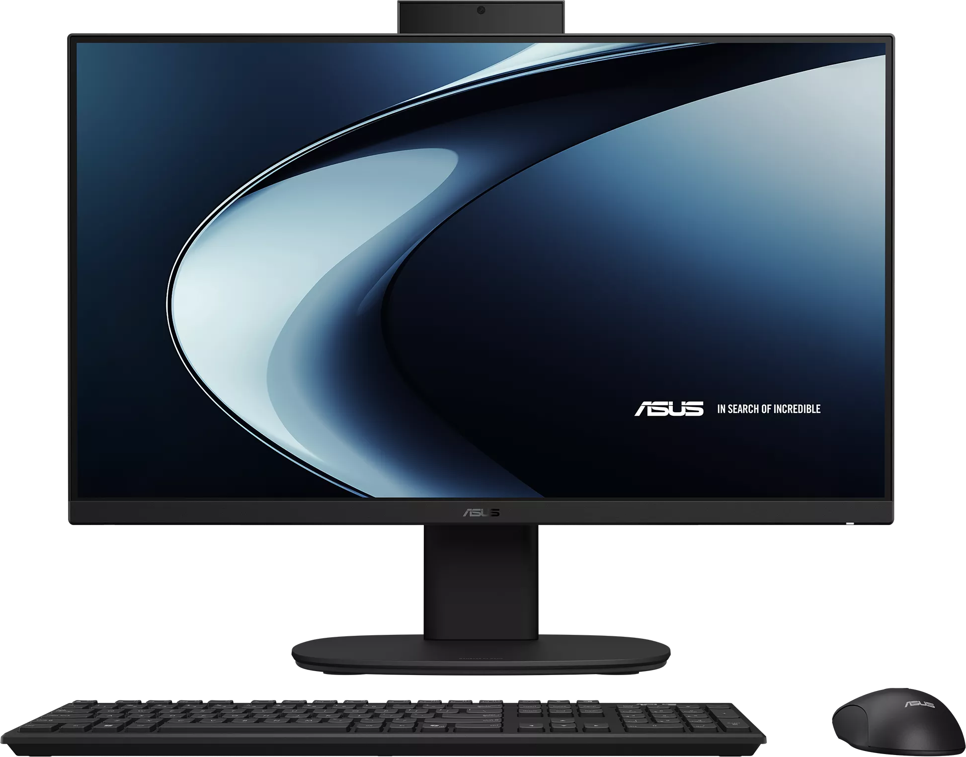 Fekete Asus monitor elvont kék háttérképpel, vezeték nélküli billentyűzettel és egérrel fekete háttér előtt.