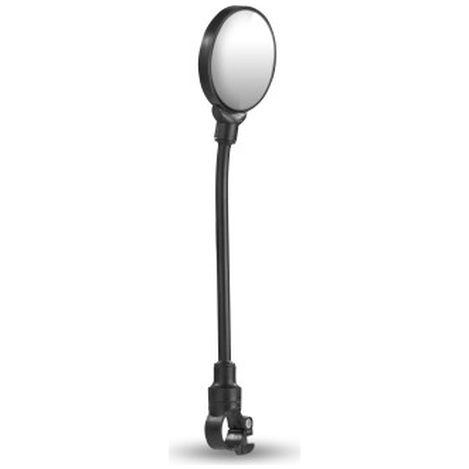 Un rétroviseur de vélo noir avec un long bras flexible et une surface de miroir ronde sur fond blanc.