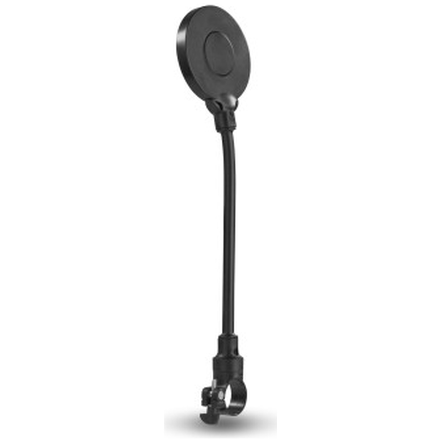 Un rétroviseur de vélo noir avec un bras flexible et une fixation de guidon sur fond blanc.