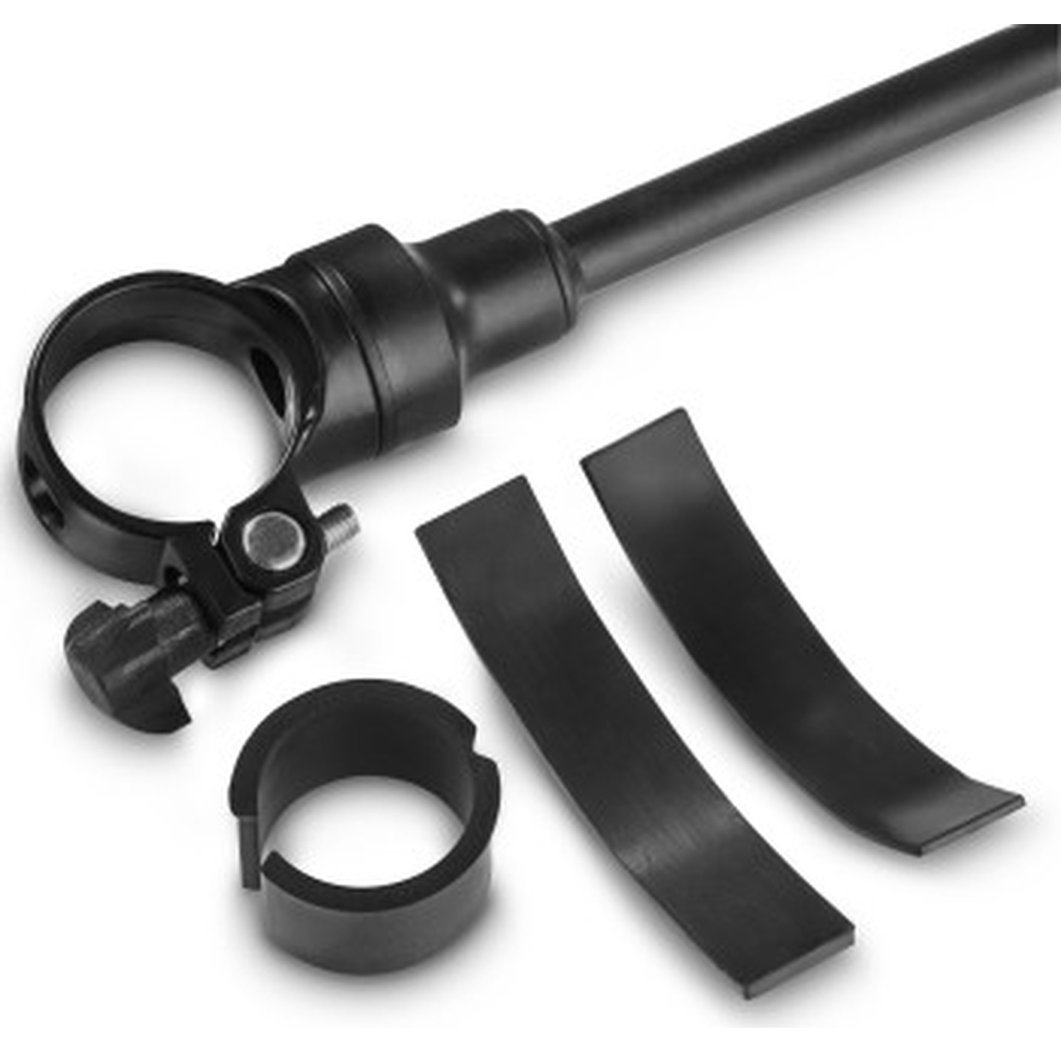 Accessoire de vélo noir comprenant une tige, un collier rond et deux bandes de protection incurvées.