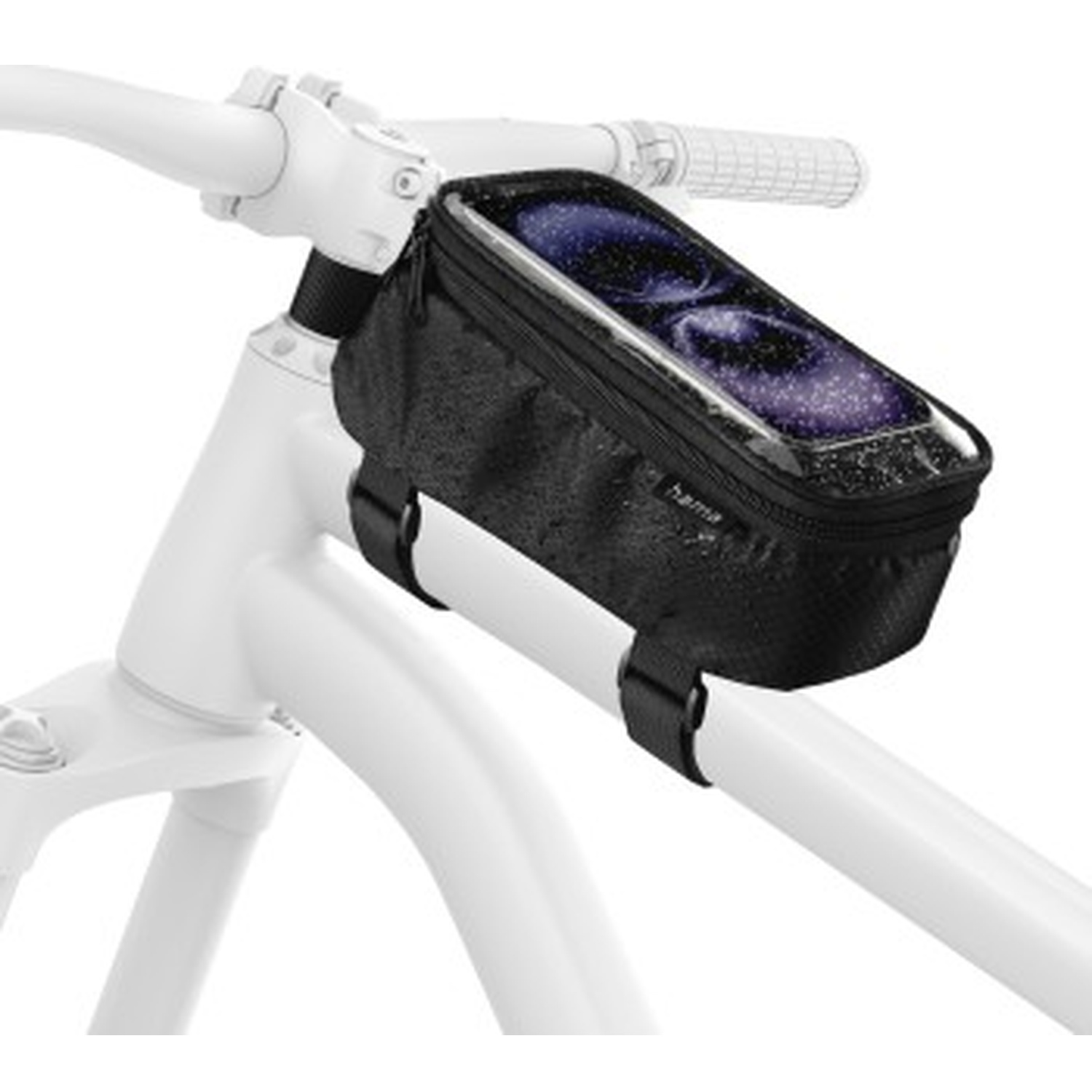 Une sacoche de cadre noire pour vélo avec support pour smartphone est fixée au cadre blanc.