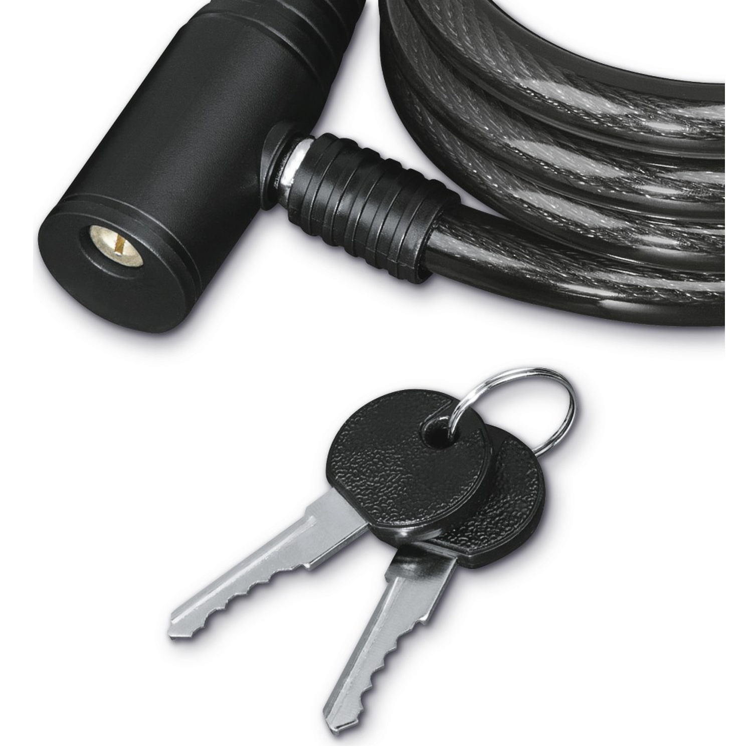 Un antivol de câble noir spiralé avec un cylindre de serrure et deux clés sur un anneau.