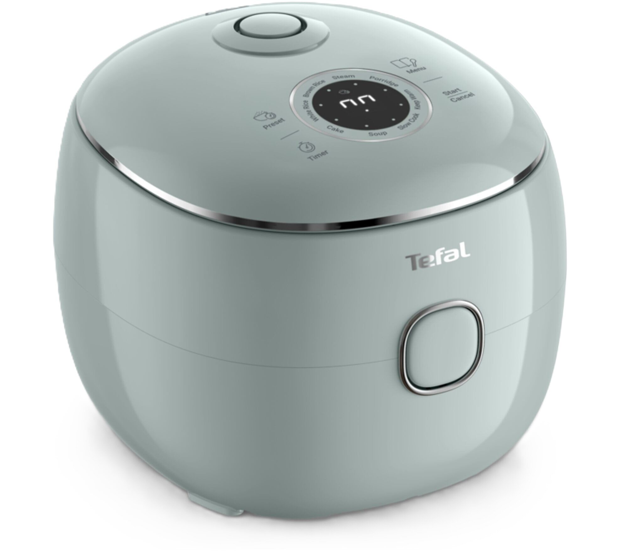 Okrągły, jasnoniebieski ryzowar Tefal z cyfrowym wyświetlaczem na pokrywie i dużym przyciskiem z przodu.