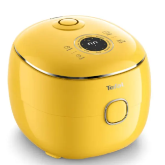 Okrągły, żółty ryżowar Tefal z cyfrowym wyświetlaczem i przyciskami sterującymi na górze.