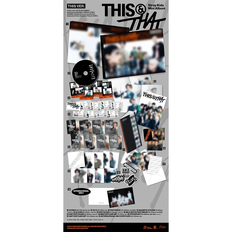 Stray Kids 'THIS & THAT' mini album szett dobozzal, CD-vel, fotókönyvekkel, kártyákkal és matricákkal.