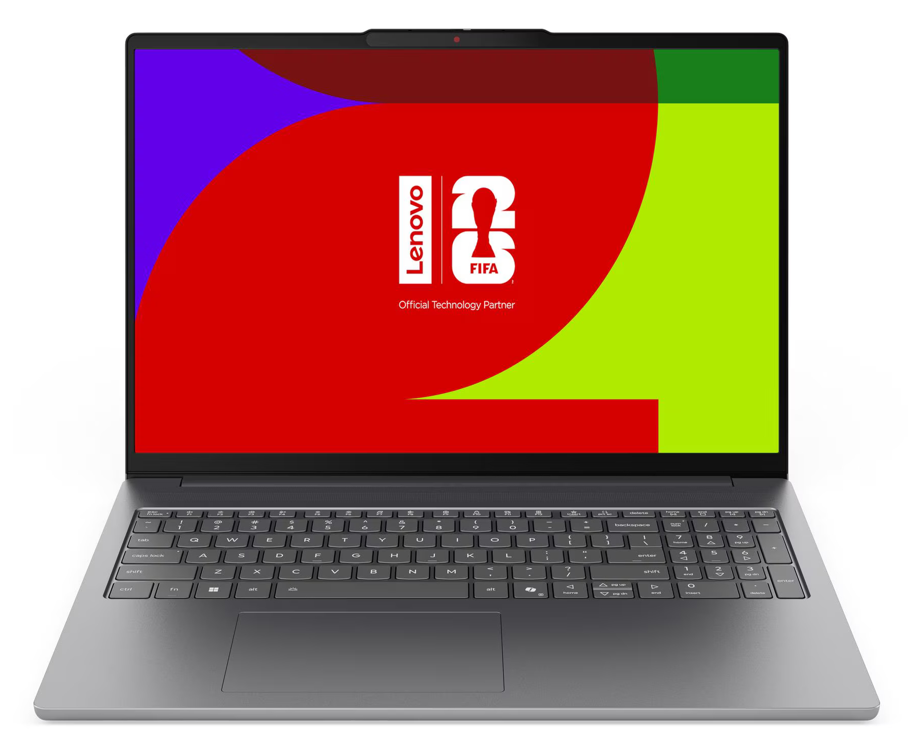 Widok z przodu otwartego szarego laptopa Lenovo z kolorowym, abstrakcyjnym tłem i logo FIFA na ekranie.