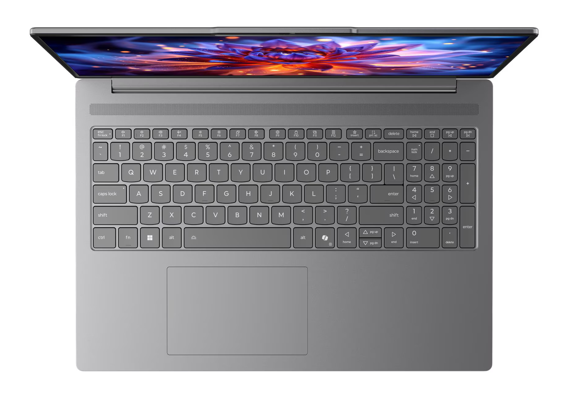 Szary laptop widziany z góry, z klawiaturą, panelem dotykowym i kolorowym ekranem.
