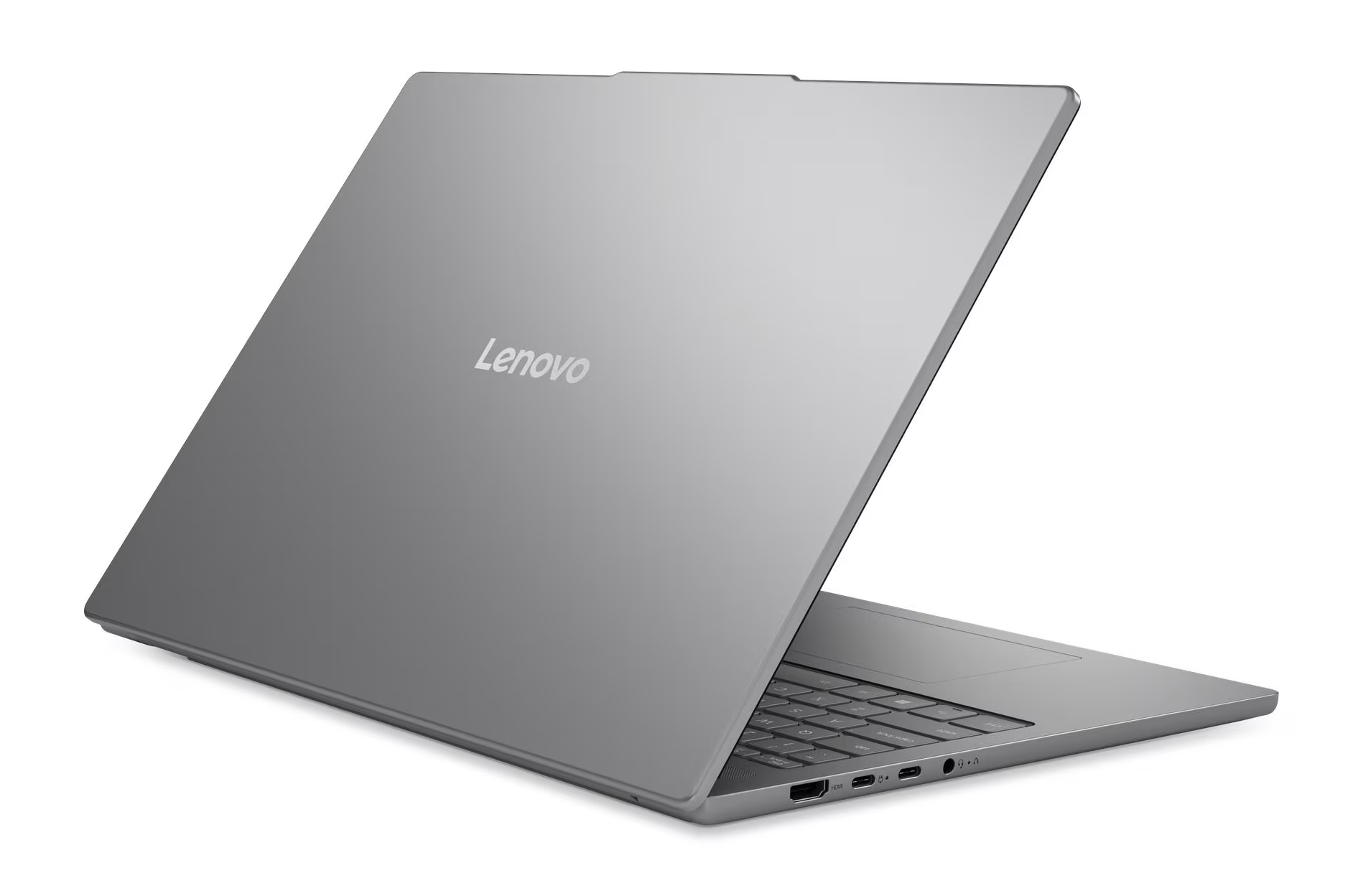 Srebrny laptop Lenovo widziany z lekko otwartego tylnego kąta.