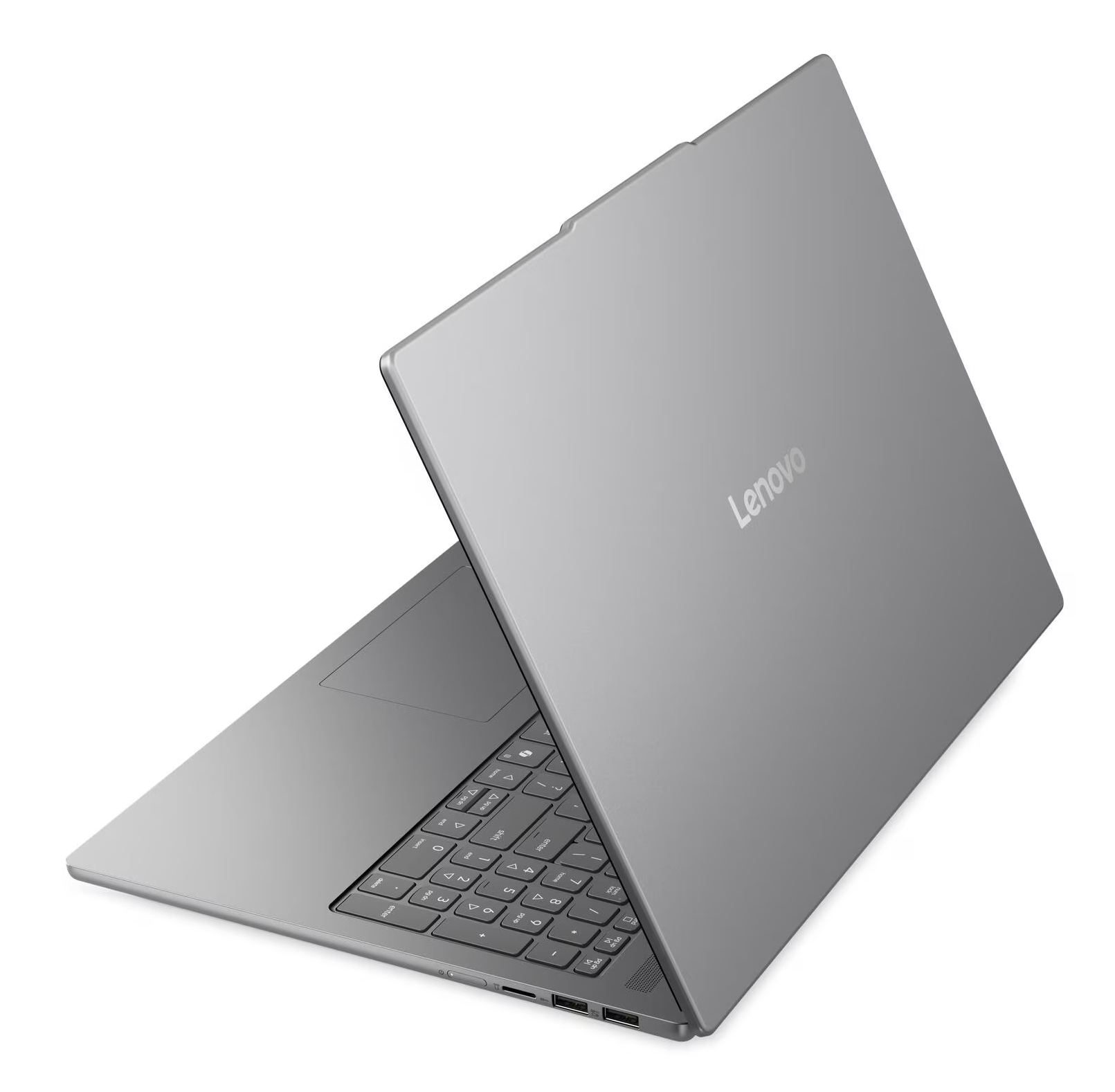 Szary laptop Lenovo otwarty od tyłu z prawej na białym tle.
