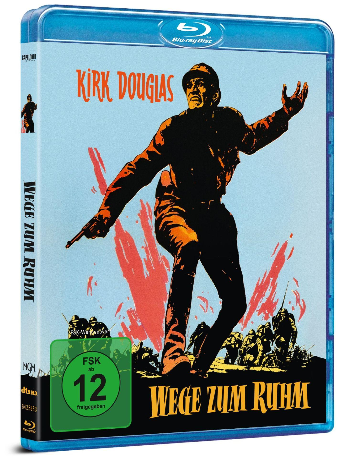 Blu-ray-Hülle des Films Wege zum Ruhm mit Kirk Douglas vor einer blauen und roten Kriegsszenerie.