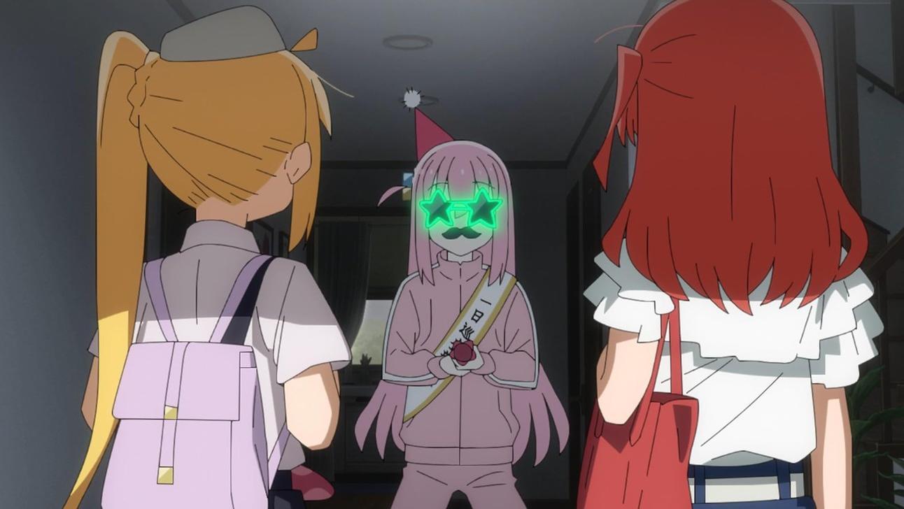 Ein Anime-Mädchen mit rosafarbenen Haaren trägt eine Glitzerbrille mit Sternen und einen Schnurrbart.