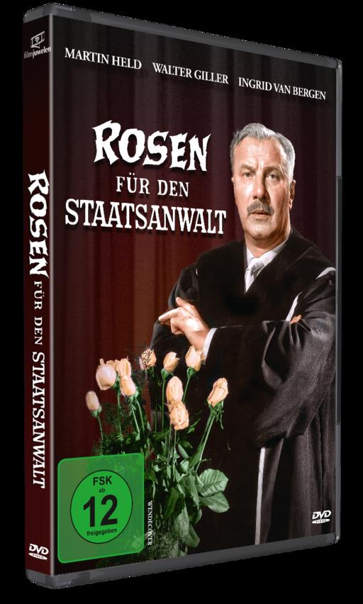 DVD-Hülle des Films Rosen für den Staatsanwalt mit Martin Held und einem Blumenstrauß.
