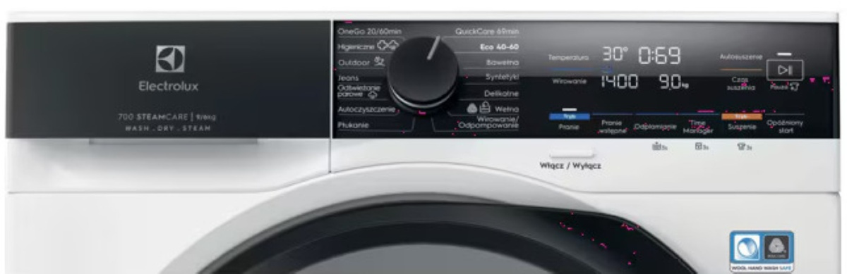 Panel sterowania białej pralki Electrolux z centralnym pokrętłem i cyfrowym wyświetlaczem.