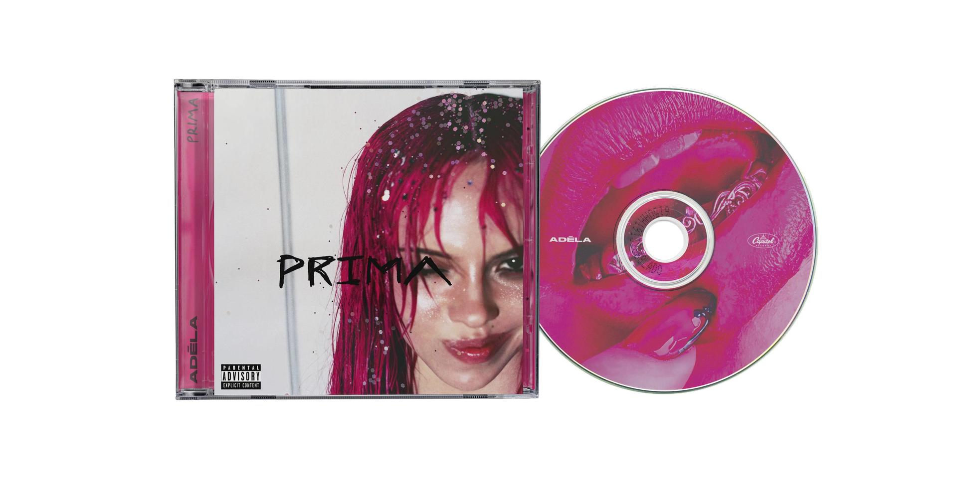 CD-Hülle mit einer Frau mit rosa Haaren auf dem Cover und einer rosa CD mit Lippen daneben.