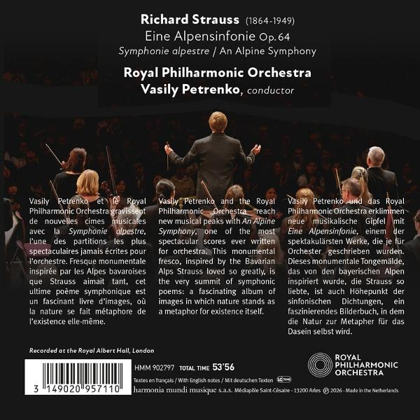 Rückseite des CD-Covers mit Dirigenten vor Orchester, Text und Barcode.