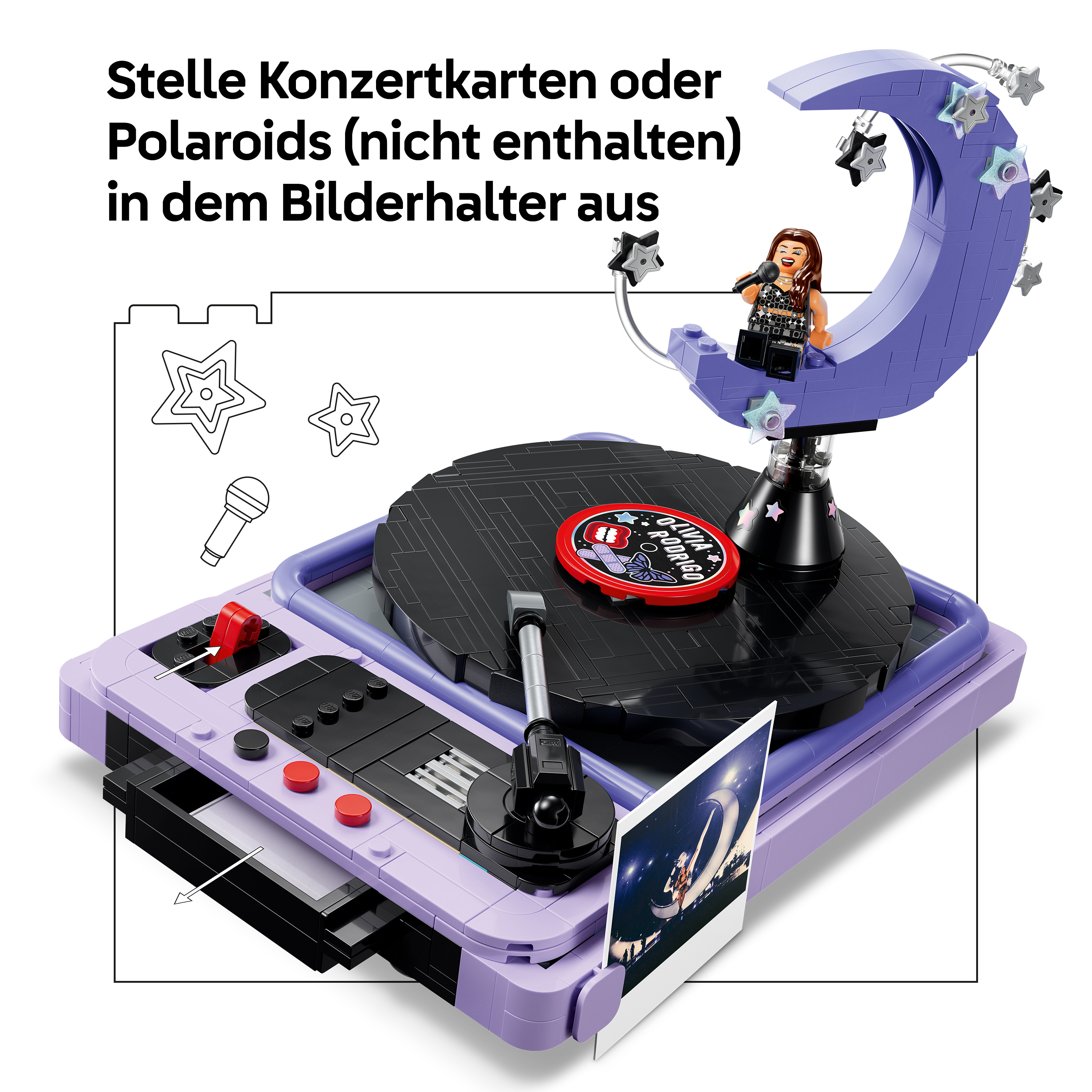 Lego-Set zeigt einen lila Plattenspieler mit Mond, Minifigur, Mikrofon und Fotohalter.