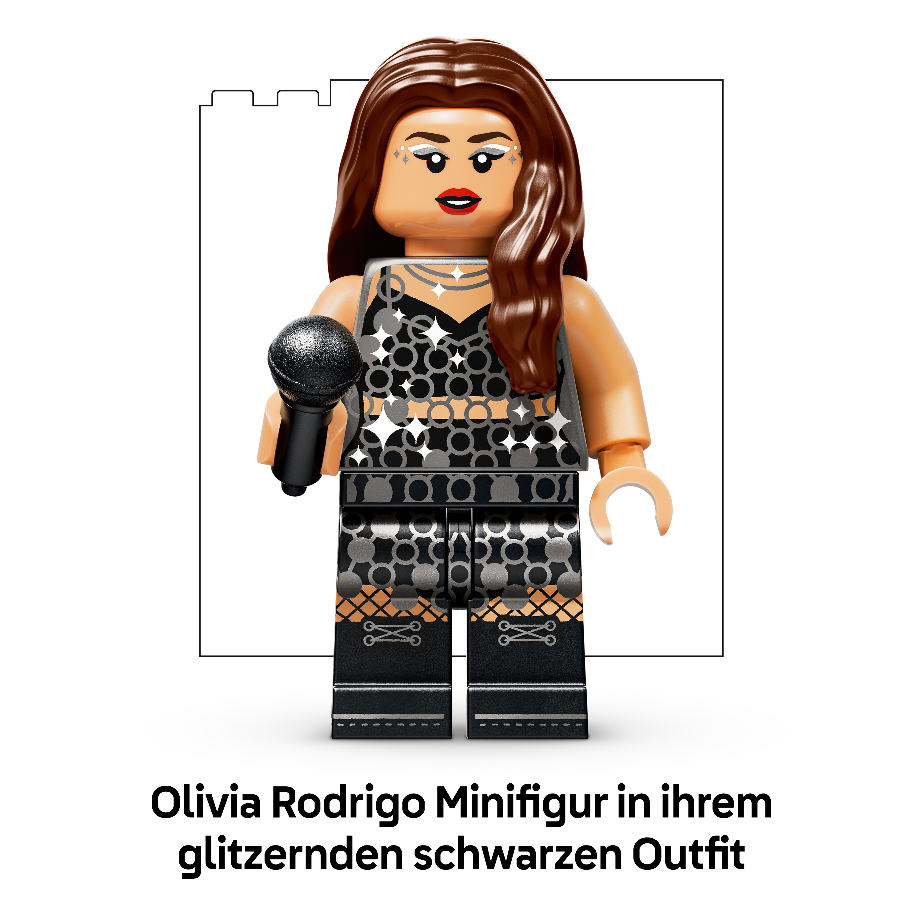 Olivia Rodrigo Lego-Minifigur mit schwarzem Mikrofon in einem glitzernden schwarzen Outfit vor weißem Hintergrund.