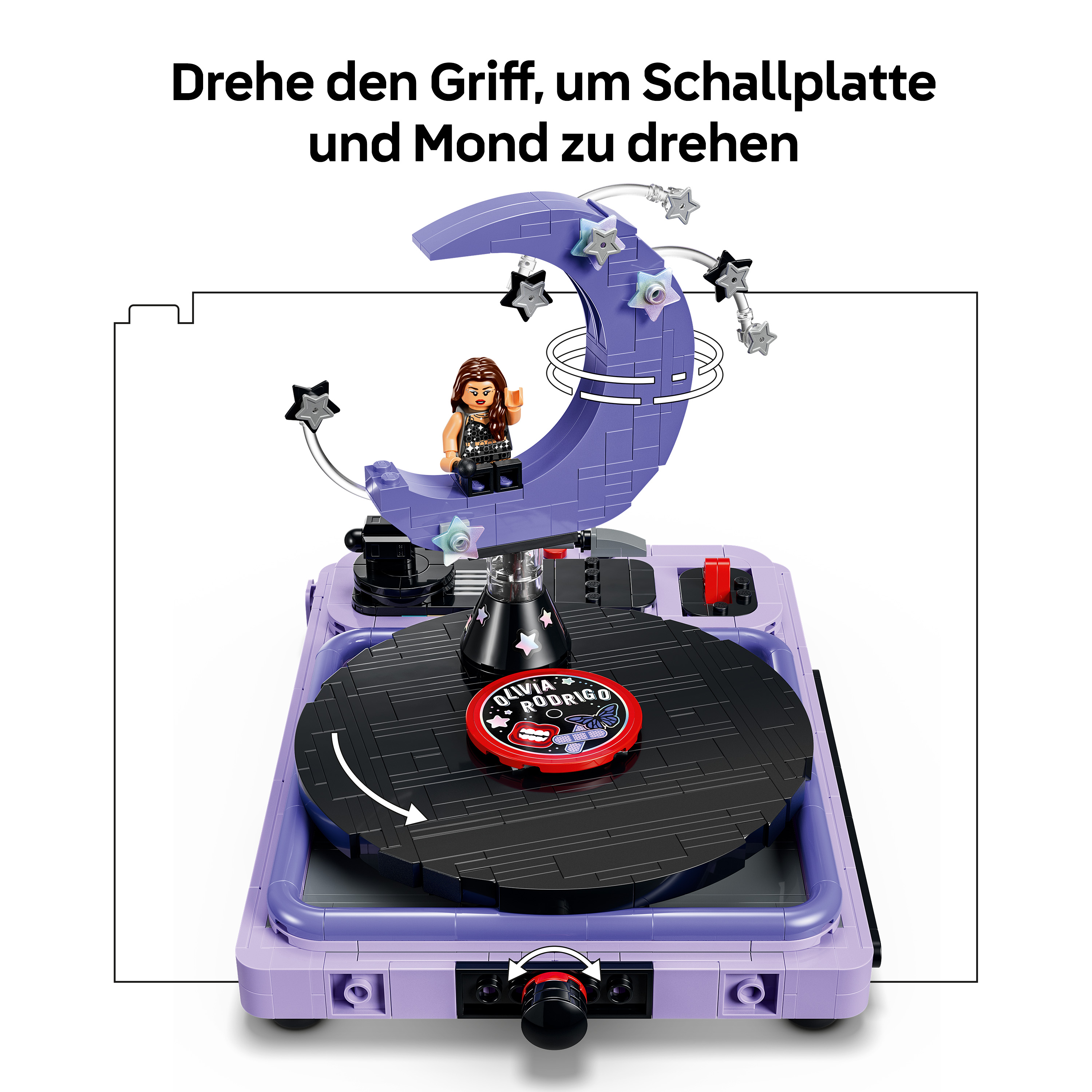 Lego-Plattenspieler mit Lilamond und Spielfigur; drehbarer Griff bewegt Schallplatte und Mond.