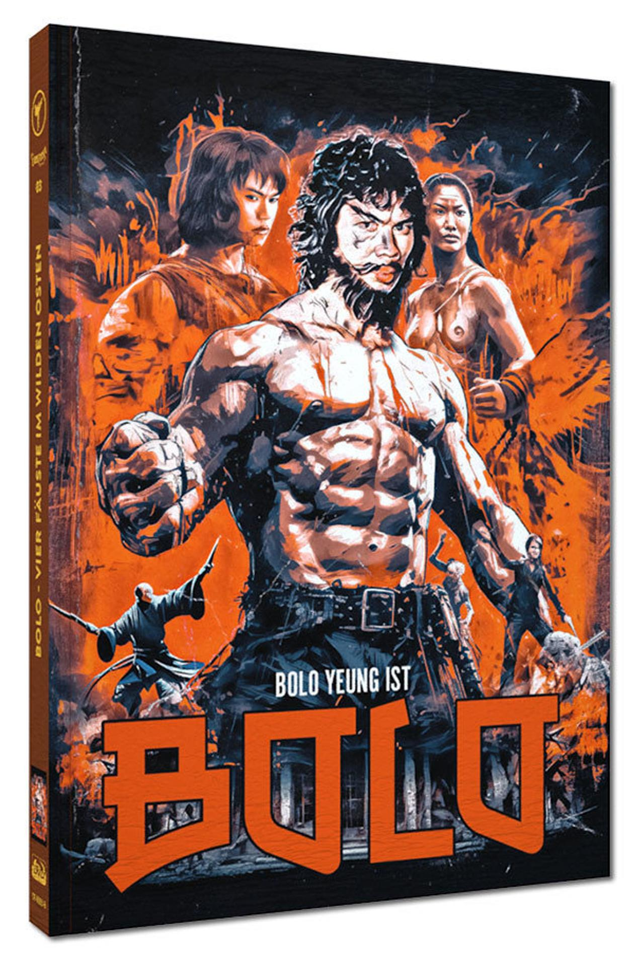 Ein orangen-schwarzes Action-Filmposter mit Bolo Yeung als muskulöser Kampfkünstler und weiteren Figuren.
