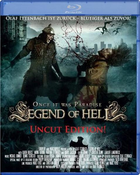 Blu-ray-Cover des Films Legend of Hell, das blutige Schlachtszenen mit Kriegern zeigt.