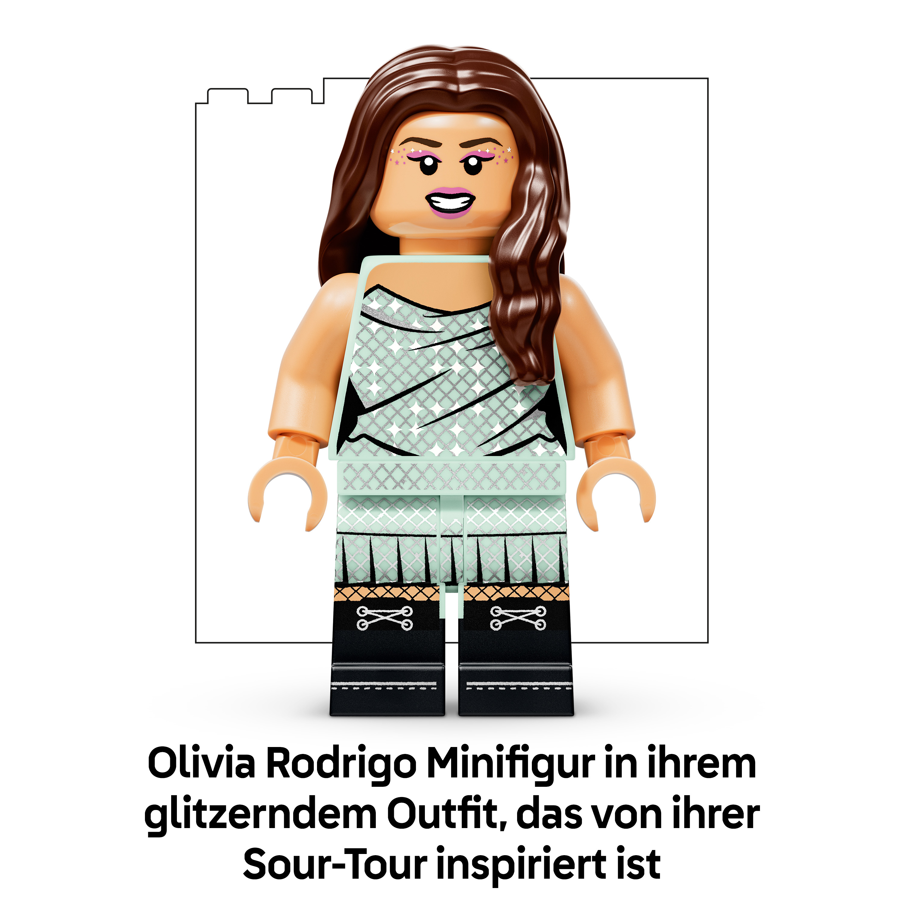 Lego-Minifigur von Olivia Rodrigo mit glitzerndem Outfit und schwarzen Stiefeln.