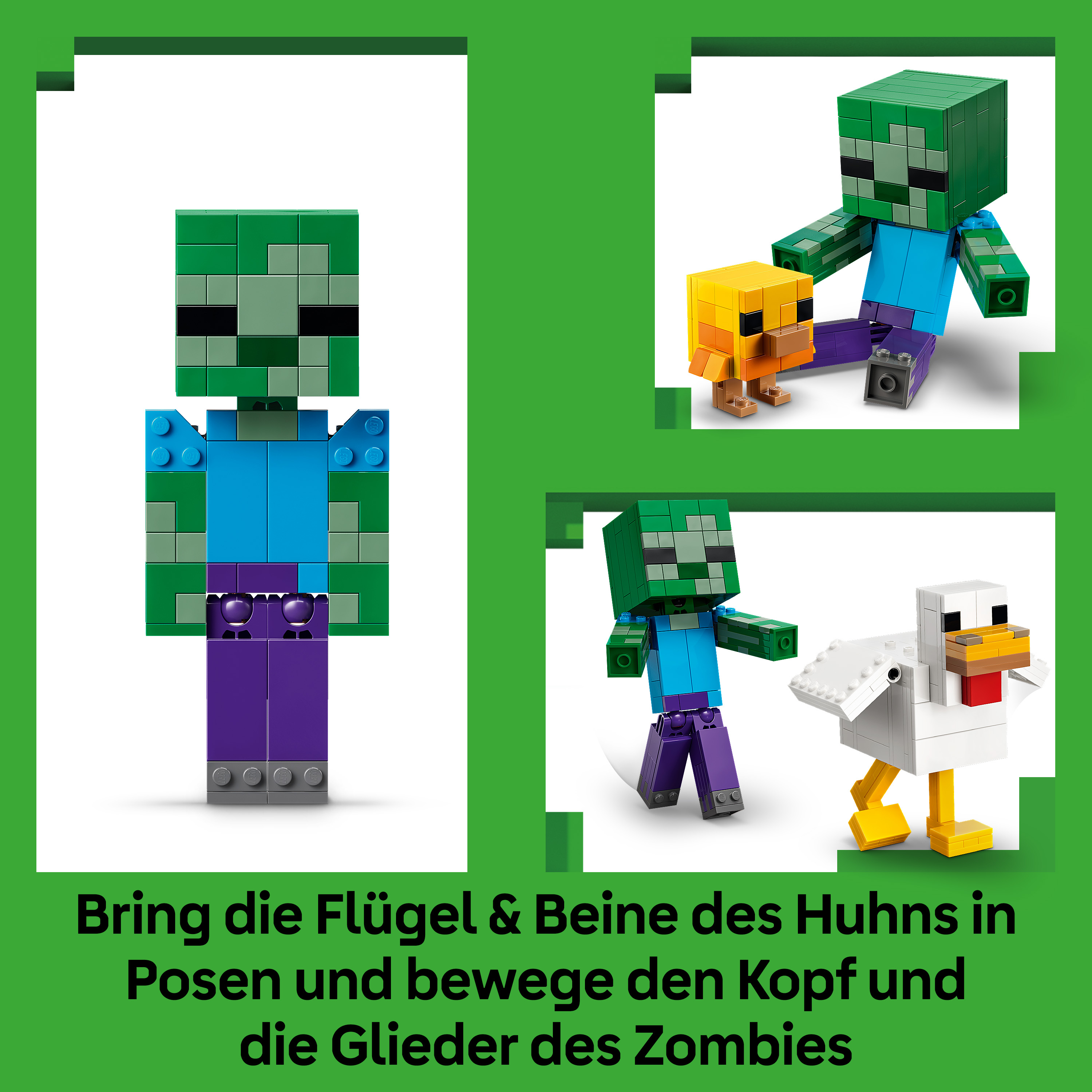 Lego-Minecraft-Zombie und ein Huhn aus Bausteinen.