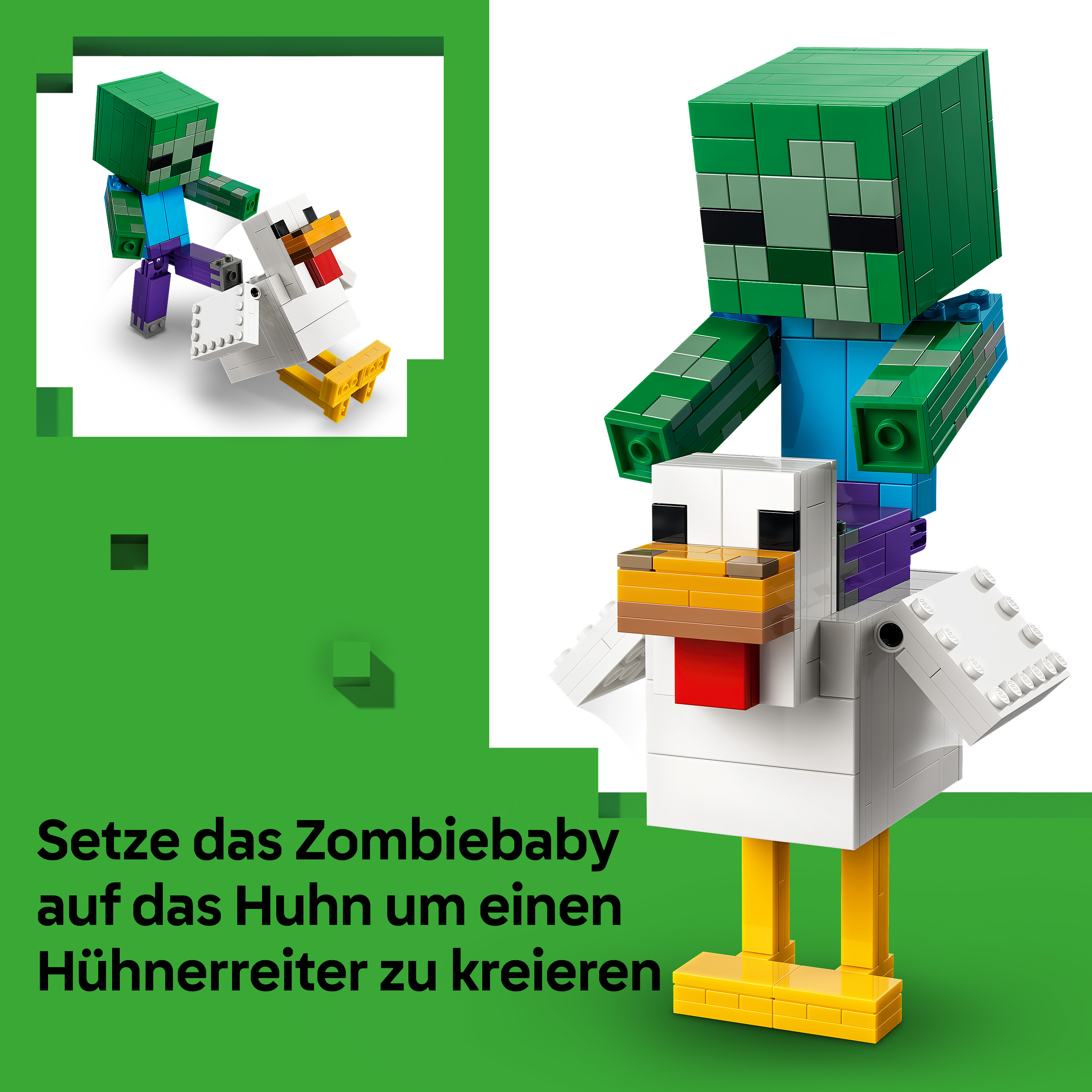 Lego Zombie-Baby reitet auf einem Lego-Huhn vor grünem Hintergrund mit deutschem Text.