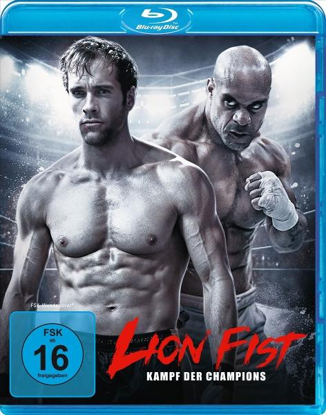Blu-ray-Cover von Lion Fist zeigt zwei muskulöse Kämpfer im Ring mit rotem Filmtitel und FSK-16-Logo.