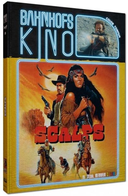 Western-Buchcover mit einer Frau mit Stirnband, einem Cowboy mit Waffe und Reitern in einer Wüste.