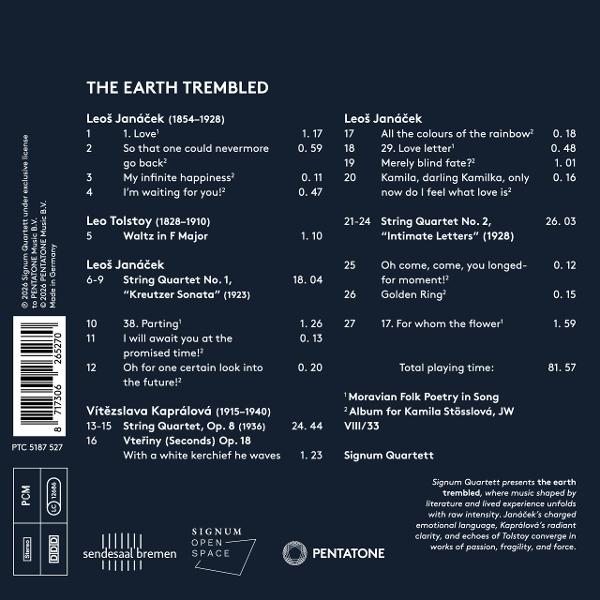 Rückseite der CD 'The Earth Trembled' mit Trackliste von Janáček, Tolstoy und Kaprálová auf dunkelblauem Hintergrund.