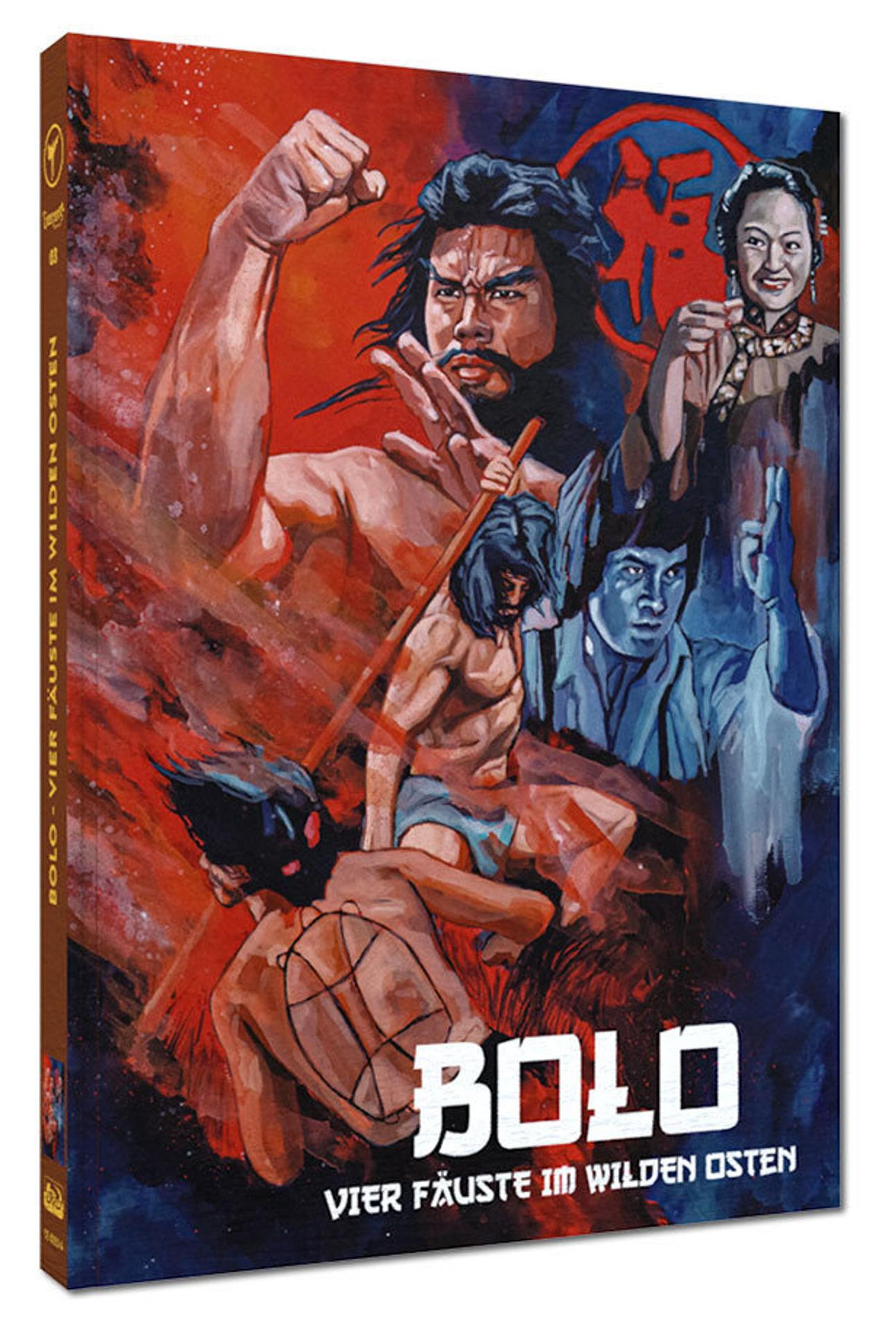 Gemaltes Filmplakat mit martialischen Kämpfern und dem Titel BOLO – Vier Fäuste im wilden Osten.