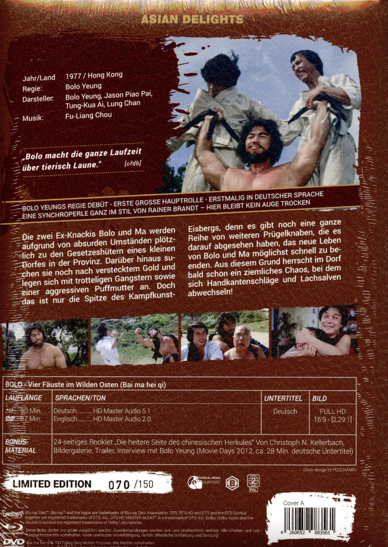 DVD-Rückseite des Films Bolo - Vier Fäuste im Wilden Osten mit Kampfszenen und Texten auf Deutsch.