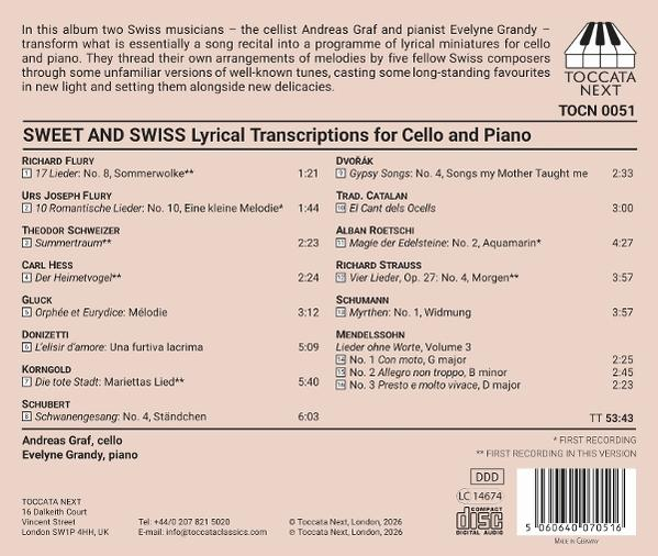Rückseite einer CD-Hülle mit Titelliste für das Album Sweet and Swiss von Andreas Graf und Evelyne Grandy.