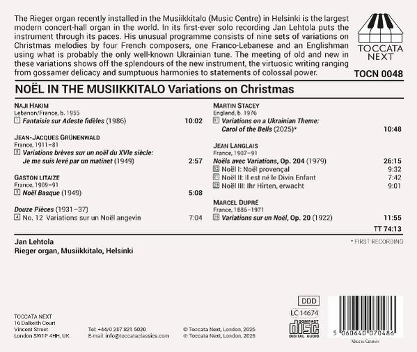 Rückseite einer CD-Hülle mit Titelliste für Orgelmusik von Jan Lehtola.