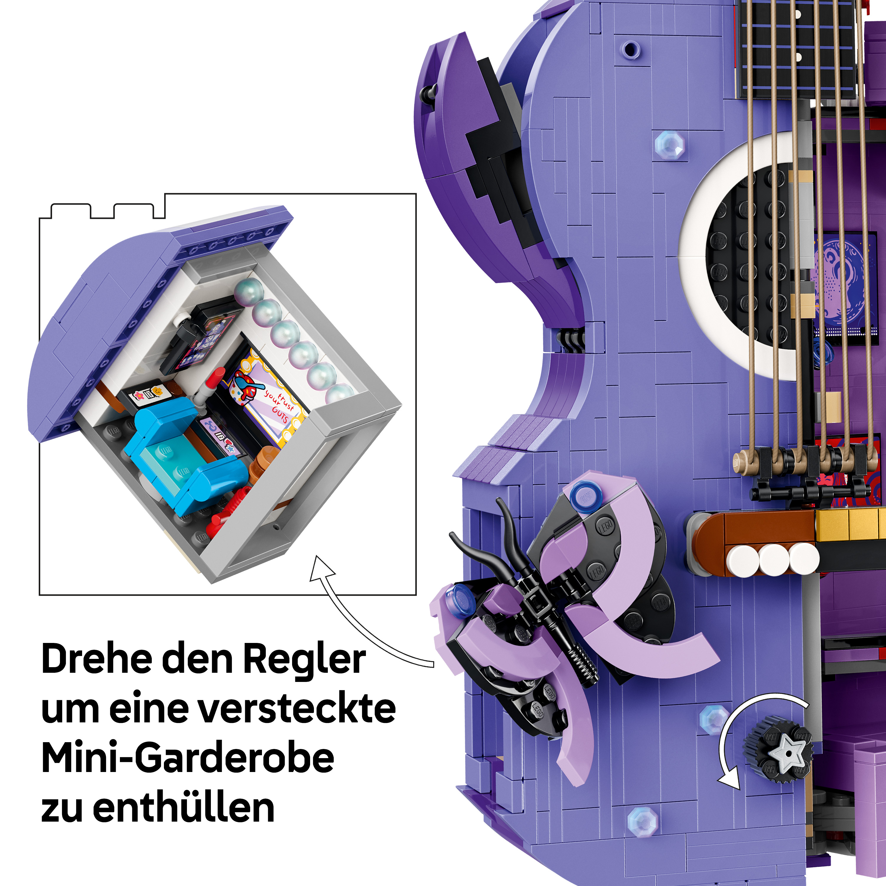 Lego-Gitarre mit offenem Fach, das eine Mini-Garderobe mit Möbeln und Accessoires zeigt.